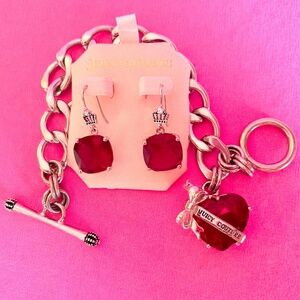 Juicy Couture Set Matching Pink Fuchsia Earrings Heart Charm Bow Bracelet Silver